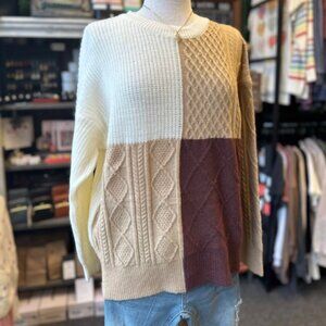 NWT Boutique Latte Mix Color Block Cable Knit Sweater